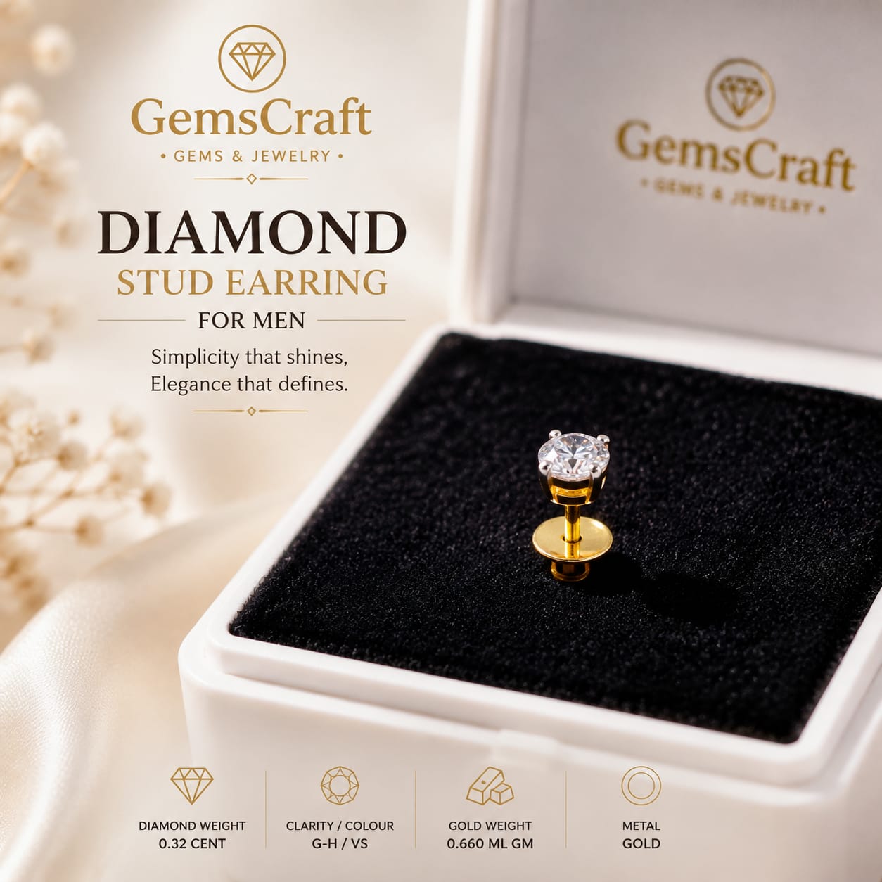 Diamond Earrings In 18Kt Yellow Gold (0.660 gram) with Diamonds (0.32 Ct)